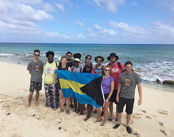 AU students on the beach as part of the Gerace Research Center study abroad in the Bahamas